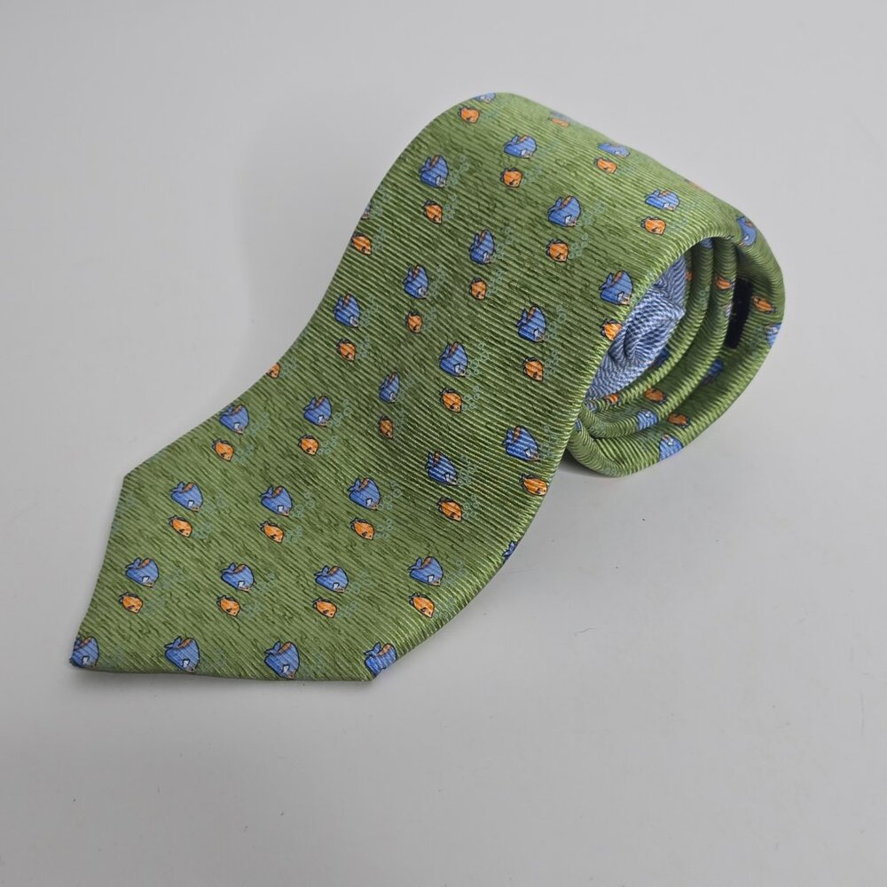 Tommy Hilfiger 100% Silk Tie Green & Blue Italian Necktie Fish Nautical Fishing